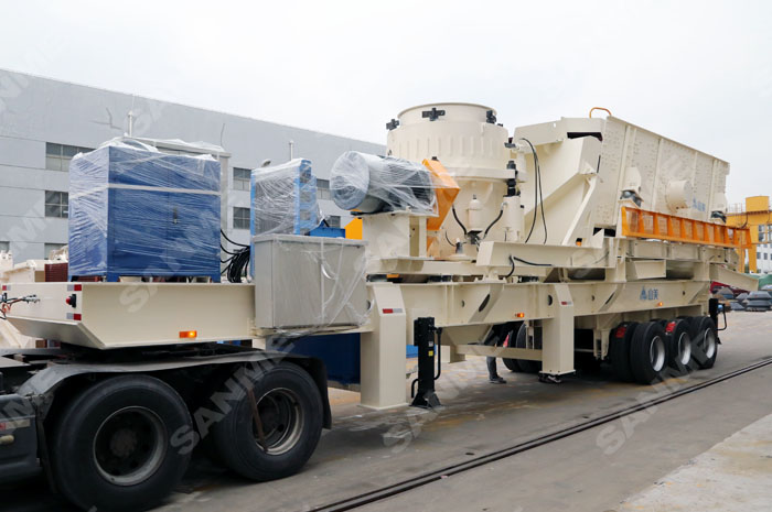 花崗巖河卵石破碎設(shè)備；輪胎式移動(dòng)破碎站